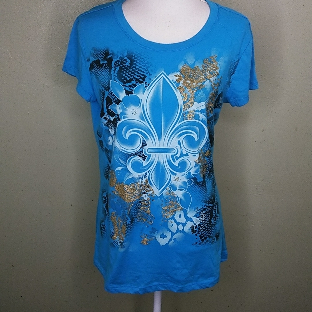 Embellished Fleur De Lis Turquoise T-Shirt by Appropriate Behavior Jr 1X